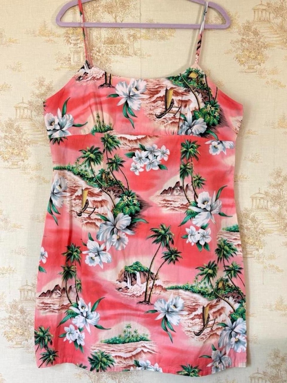 Vintage 90s KY'S Hawaiian Pink Tropical Palm Tree Hibiscus Print Mini Dress 2XL